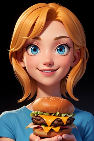 A beautiful gir, mid short  blonde hair, light blue shirt, smilling holding a burger