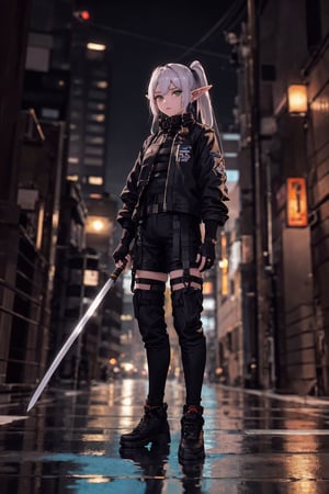 1girl, solo, elf, white hair,  earrings, pointy ears, long hair, ponytail, green eyes, twintails, parted bangs, thick eyebrows,
3d rendering gaming character,  holding sheath with a gleaming katana, dark leather jacket, short pant, earrings, sheathed, neonpunk grunge city night background, depth of field, closed mouth, full body, reflection, looking at viewer, fingerless gloves, long hair, gloves, bangs,  cowboy_shot