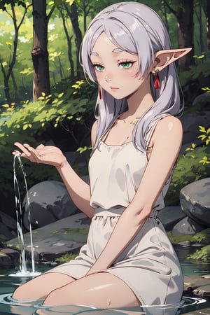 1woman, mature, grey_hair, loose hair, elf, pointy_ears, long_hair, green_eyes, small_breasts, earrings, red_earrings, white dress, short dress,
taking a bath, onsen, hot_springs, outdoors, forest,