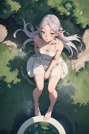 1woman, mature, grey_hair, loose hair, elf, pointy_ears, long_hair, green_eyes, small_breasts, earrings, red_earrings, white dress, short dress, 
taking a bath, onsen, hot_springs, outdoors, forest,
(from-above:2)