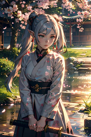 A masterpiece! Here's the prompt:

A majestic Samurai girl stands proudly in a serene spring setting, surrounded by blooming sakura trees. Her piercing green eyes meet the viewer's gaze, her long hair and white/grey locks framing her mature features. She holds her katana sword at the ready, its sheath adorned with intricate jewelry. The camera captures a sharp focus on the subject, with the soft petals of the cherry blossoms blurred in the background, emphasizing her regal presence. Her pointed ears and twin tails add an otherworldly touch to this captivating scene.