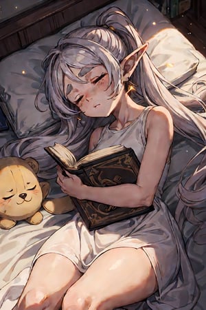 1girl, solo, elf, white hair, grey hair, earrings, pointy ears, long hair, ponytail,  twintails, parted bangs, thick eyebrows,
sleeveless dress, white dress, bare shoulders, 
sleeping over a book, (from above) , closed eyes, golden light, particles, light beam, bed