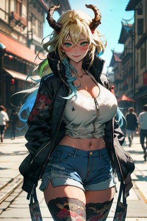 green_hair, long_hair, blonde_hair, horns, mature female, multicolored_hair, dragon_horns, gradient_hair, blush,  large_breasts,  smile, cleavage, closed_mouth, blue_hair, heterochromia, blurry background,
cowboy_shot, blue shorts, curvy_hips, huge breasts,
wo_dragonjacket02, jacket, dragon (dragon jacket), chinese-print, looking_at_viewer, 