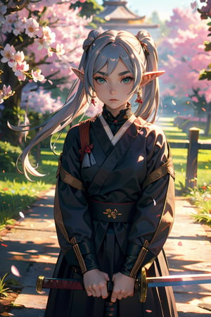 (masterpiece:1.2), Samurai girl,1girl, solo, sword, weapon, jewelry, sheath, katana, holding,  earrings, long sleeves, holding weapon,  holding sword,  sheathed, blurry background, depth of field, looking at viewer, mature female, field, tree,  sakura flowers, spring, petals,
1girl, solo, elf, white hair, grey hair, earrings, pointy ears, long hair,  green eyes, twin_tails, parted bangs, thick eyebrows, cowboy_shot