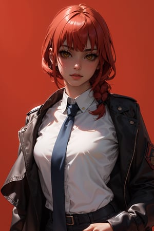 1girl, solo, yellow eyes, white shirt, upper body, braid, sidelocks, red hair, necktie, collared shirt, black jacket, white shirt,

Detailed face, ultra-detailed, bright Asian glossy skin, high quality skin texture rendering, masterpiece, (natural small breasts, masterpiece, highest quality), (realistic, photo-realistic),  masterpiece, best quality, cowboy_shot, rembrant_light, shaded_face, red background,