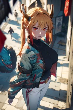 1girl, tohru, horns, city, big  breasts, white pants, 
cowboy_shot, blurry background, wo_dragonjacket02, jacket,  (dragon jacket), looking_at_viewer, chinese-print, (from-above)