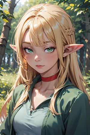 1woman, mature, blonde, elf, pointy_ears,  green_eyes, small_breasts,  red choker,
upperbody, (long-hair),   looking at viewer, loose hair, bangs,
 outdoors, forest, portrait, blurry_background, 
