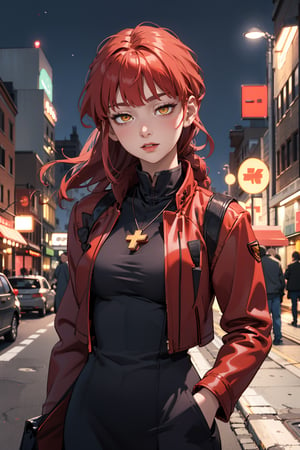1girl, solo, mature female, black dress, cross necklace, high collar dress, red jacket,
red hair, bangs, braided ponytail, yellow eyes, 
night, city, upper_body, braid, head_tilt, hand on pocket,