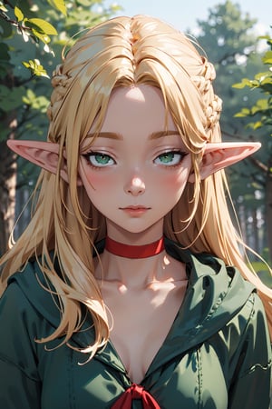 1woman, mature, blonde, elf, pointy_ears,  green_eyes, small_breasts,  red choker,
looking at viewer, loose hair, long hair, 
 outdoors, forest, portrait, blurry_background, bust, 