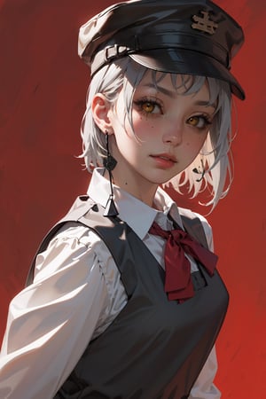 1girl, solo, hat ,grey hair, short hair, earrings, yellow eyes,  school uniform, pinafore dress, shirt, neck ribbon, triangle earrings, red ribbon,

Detailed face, ultra-detailed, bright Asian glossy skin, high quality skin texture rendering, masterpiece, (natural small breasts, masterpiece, highest quality), (realistic, photo-realistic),  masterpiece, best quality, cowboy_shot, rembrant_light, shaded_face, red background