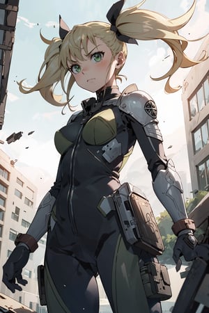 1girl, solo, mature female,  bodysuit, long hair, blonde, twintails, hair ribbon, green eyes, destroyed city, depth of field,  bodysuit, armour, closed_mouth, 
1girl twintails hair ribbon, cowboy_shot, from below, angry 