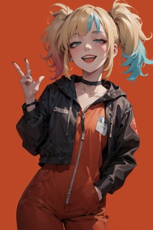 1girl, blonde hair, muticolored hair, ((make-up)), twintails, eyeliner, orange jumpsuit, smile, open mouth, 
simple_background, red background,
cowboy_shot, choker,
shaded face, rembrant light,