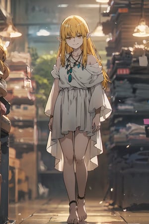 1girl, solo, blurry_background, blurry, dress, long_hair,  white_dress, shoulder, yellow eyes, pointy ears,  serie, blonde, necklace, upper body, collarbone, serie, indoors, midjourney, mature_female, smirk, full_body, bare_feet