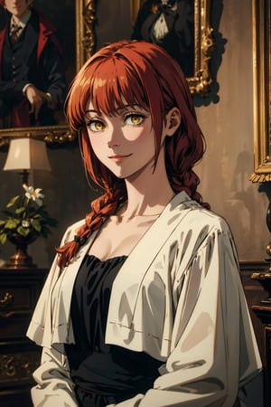  warm light, warm glow, (masterpiece, high quality, highres,Highest picture quality), mature_female,
makima, red hair, braid, bangs, yellow eyes, smirk,

 upper body, rim light, blurry background, 
luxury, indoors, oil painting, rembrant light, masterpiece, renaissance portrait painting, golden frame, elegant_dress, black dress,