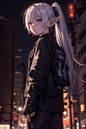 1girl, solo, elf, white hair,  earrings, pointy ears, long hair, ponytail, green eyes, twintails, parted bangs, thick eyebrows,
3d rendering gaming character, dark leather jacket, short pant, earrings, neonpunk grunge city night background, depth of field, closed mouth,  reflection, looking at viewer, fingerless gloves, long hair, gloves, bangs,  cowboy_shot, neon signs, looking_at_viewer, red light over body, red body over face, RED LIGHT,