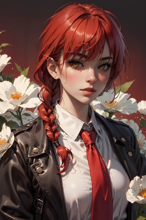 1girl, solo, yellow eyes, white shirt, upper body, braid, sidelocks, red hair, necktie, collared shirt, black jacket, white shirt,
flowe background, red flowers, blood,
Detailed face, ultra-detailed, bright Asian glossy skin, high quality skin texture rendering, masterpiece, (natural small breasts, masterpiece, highest quality), (realistic, photo-realistic),  masterpiece, best quality, cowboy_shot, rembrant_light, shaded_face, red background, CrclWc