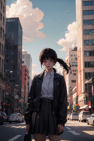 1girl, solo, looking_at_viewer, shirt, skirt, jacket, collared_shirt,  black_hair, bangs, white_shirt, cowboy_shot, long_sleeves,  long_hair, pony_tail,  city, clouds, trees, 
mature female