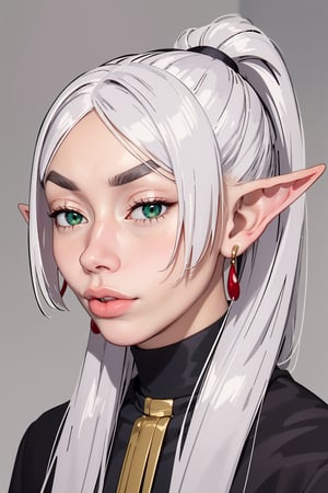 
1girl, solo, elf, white hair, grey hair, earrings, pointy ears, long hair, ponytail, green eyes,  thick eyebrows,
waoschad, jawline, cheekbones, facial_expression, raised eyebrow, big lips,