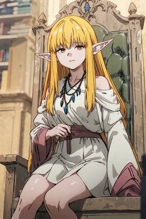 1girl, solo, blurry_background, blurry, dress, long_hair,  white_dress, white_hair, bangs, white_theme, depth_of_field, lips, closed_mouth, looking_at_viewer,  long_sleeves, wide_sleeves,   yellow eyea, pointy ears,  sitting on a throne, serie, blonde, necklace