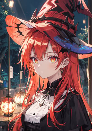 (Highest picture quality,  masterpiece),  (Master's work),  (Detailed eye description),  (8K wallpaper)(De-tailed face description),  extreme detailed,  colorful,  highest detailed,  colorful,  cinematic angle,  1girl, dragon girl, dragon horns, red hair, orange eyes, large breasts, long hair((witch outfit, witch hat)), outdoor,  woods,  jack o latern, lanters,night, hyper detailed Background,  portrait, midjourney,tania,dragon girl