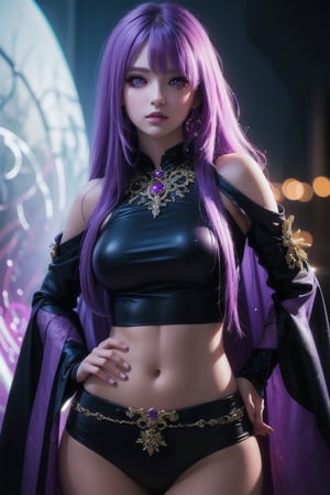 (photorealistic:1.4), long bangs, long eyelashes, thick eyelashes, makeup, absurdly long hair, black and purple demon jewelry, highly detailed hyperrealistic, intricate scene, demon queen with white purple hair , glowing purple eyes, purple magic around her, determined expression,  standing with one hand on hip, detailed facial features, dynamic and exaggerated, rich color palette, realistic lighting, high-contrast, dark and enchanting, fantasy atmosphere, photography aesthetic, 