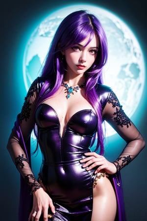 (photorealistic:1.4), long bangs, long eyelashes, thick eyelashes, makeup, absurdly long hair, black and purple demon jewelry, highly detailed hyperrealistic, intricate scene, demon queen with white purple hair , glowing purple eyes, purple magic around her, determined expression,  standing with one hand on hip, detailed facial features, dynamic and exaggerated, rich color palette, realistic lighting, high-contrast, dark and enchanting, fantasy atmosphere, photography aesthetic, 