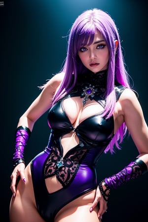 (photorealistic:1.4), long bangs, long eyelashes, thick eyelashes, makeup, absurdly long hair, black and purple demon jewelry, highly detailed hyperrealistic, intricate scene, demon queen with white purple hair , glowing purple eyes, purple magic around her, determined expression,  standing with one hand on hip, detailed facial features, dynamic and exaggerated, rich color palette, realistic lighting, high-contrast, dark and enchanting, fantasy atmosphere, photography aesthetic, 