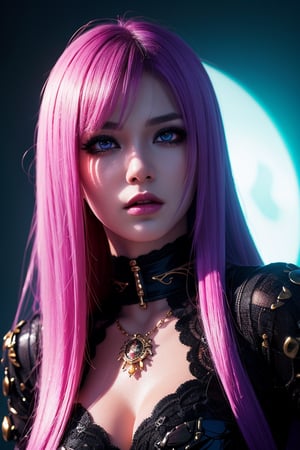 (photorealistic:1.4), long bangs, long eyelashes, thick eyelashes, makeup, absurdly long hair, black and purple demon jewelry, highly detailed hyperrealistic, intricate scene, demon queen with white purple hair , glowing purple eyes, purple magic around her, determined expression,  standing with one hand on hip, detailed facial features, dynamic and exaggerated, rich color palette, realistic lighting, high-contrast, dark and enchanting, fantasy atmosphere, photography aesthetic, 