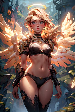 best quality, from front, a girl, looks at viewer, flying hair, fantasy landscape on background, cinematic, best quality, (looks at viewer:1.3), (blonde:1.1), beautiful face, medium flying hair,  angel halo, angel wings, fantasy landscape on background, best quality, from front, a girl, medium breast, bra, angel wings, fantasy landscape on background, bikini_armor, mechanical legs, 