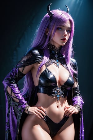 (photorealistic:1.4), long bangs, long eyelashes, thick eyelashes, makeup, absurdly long hair, black and purple demon jewelry, highly detailed hyperrealistic, intricate scene, demon queen with white purple hair , glowing purple eyes, purple magic around her, determined expression,  standing with one hand on hip, detailed facial features, dynamic and exaggerated, rich color palette, realistic lighting, high-contrast, dark and enchanting, fantasy atmosphere, photography aesthetic, 