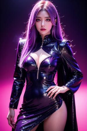 (photorealistic:1.4), long bangs, long eyelashes, thick eyelashes, makeup, absurdly long hair, black and purple demon jewelry, highly detailed hyperrealistic, intricate scene, demon queen with white purple hair , glowing purple eyes, purple magic around her, determined expression,  standing with one hand on hip, detailed facial features, dynamic and exaggerated, rich color palette, realistic lighting, high-contrast, dark and enchanting, fantasy atmosphere, photography aesthetic, 