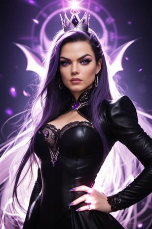 (photorealistic:1.4), long bangs, long eyelashes, thick eyelashes, makeup, absurdly long hair, black and purple demon jewelry, highly detailed hyperrealistic, intricate scene, demon queen with white purple hair , glowing purple eyes, purple magic around her, determined expression,  standing with one hand on hip, detailed facial features, dynamic and exaggerated, rich color palette, realistic lighting, high-contrast, dark and enchanting, fantasy atmosphere, photography aesthetic,  score_7_up, score_8_up,score_9