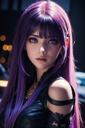 (photorealistic:1.4), long bangs, long eyelashes, thick eyelashes, makeup, absurdly long hair, black and purple demon jewelry, highly detailed hyperrealistic, intricate scene, demon queen with white purple hair , glowing purple eyes, purple magic around her, determined expression,  standing with one hand on hip, detailed facial features, dynamic and exaggerated, rich color palette, realistic lighting, high-contrast, dark and enchanting, fantasy atmosphere, photography aesthetic, 