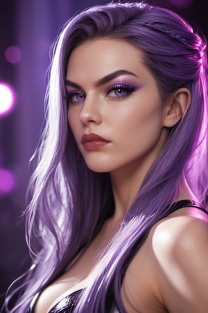 (photorealistic:1.4), long bangs, long eyelashes, thick eyelashes, makeup, absurdly long hair, black and purple demon jewelry, highly detailed hyperrealistic, intricate scene, demon queen with white purple hair , glowing purple eyes, purple magic around her, determined expression,  standing with one hand on hip, detailed facial features, dynamic and exaggerated, rich color palette, realistic lighting, high-contrast, dark and enchanting, fantasy atmosphere, photography aesthetic,  score_7_up, score_8_up,score_9