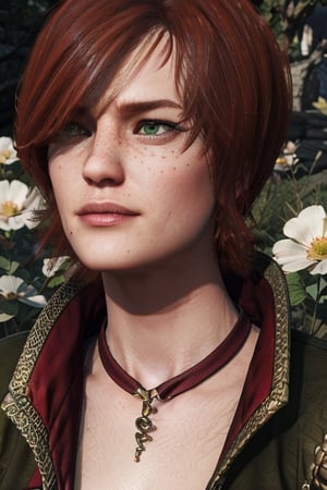  8k, best quality, masterpiece:1.2,detailed:1.2), (realistic, photo-realistic:1.4),shaniW3 in a flowery field, short hair, green eyes, red hair, mole, lips, swept bangs, freckles, make-up, cute, soft, gentle,