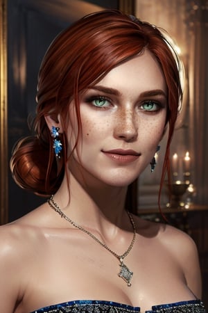 (masterpiece, best quality:1.2),  trissW3_soul3142, 1girl, solo, green eyes, (freckles), looking at viewer, portrait, breasts, gloves, dress, cleavage, bare shoulders, red hair, earrings, elbow gloves, necklace, strapless dress, blue dress, mole, smile, mole under mouth, realistic