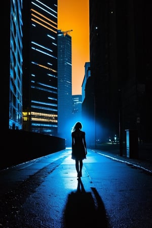 A young girl, moonlit silhouette, wandering through the night, BREAK dim city streets, flickering neon lights, distant skyscrapers, BREAK mysterious, melancholic, BREAK Noir styled comic, bold and contrasted, BREAK diffused city glow, harsh shadows, low angle perspective, lens flares, BREAK Intricately illustrated, high fidelity, 8K