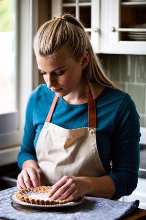 "Upper body photograph of a girl in a cozy kitchen, engrossed in baking, BREAK with elements like vintage wooden furniture, assorted baking tools scattered, flour dusted on the countertop, and a warm, just-baked pie cooling nearby, BREAK emanating feelings of joy, nostalgia, and homey comfort, BREAK digitally captured in a candid, photojournalistic style, BREAK illuminated by soft, natural daylight filtering through a nearby window, eliciting warm and inviting tones, BREAK shot from a comfortable, eye-level perspective, with a shallow depth of field that subtly blurs the background, BREAK in a high-definition, crisp, and finely detailed manner."