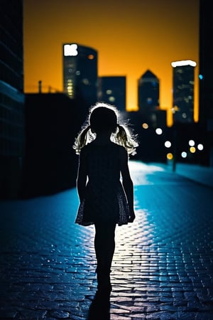 A young girl, moonlit silhouette, wandering through the night, BREAK dim city streets, flickering neon lights, distant skyscrapers, BREAK mysterious, melancholic, BREAK Noir styled comic, bold and contrasted, BREAK diffused city glow, harsh shadows, low angle perspective, lens flares, BREAK Intricately illustrated, high fidelity, 8K