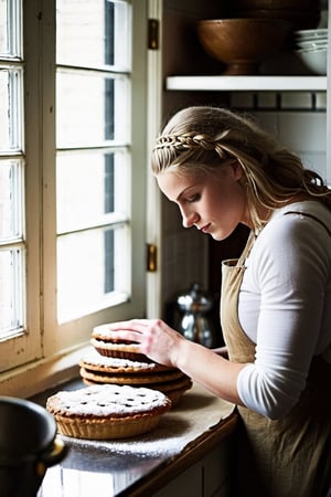 "Upper body photograph of a girl in a cozy kitchen, engrossed in baking, BREAK with elements like vintage wooden furniture, assorted baking tools scattered, flour dusted on the countertop, and a warm, just-baked pie cooling nearby, BREAK emanating feelings of joy, nostalgia, and homey comfort, BREAK digitally captured in a candid, photojournalistic style, BREAK illuminated by soft, natural daylight filtering through a nearby window, eliciting warm and inviting tones, BREAK shot from a comfortable, eye-level perspective, with a shallow depth of field that subtly blurs the background, BREAK in a high-definition, crisp, and finely detailed manner."