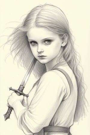 Pencil Draw, young girl hold a sword