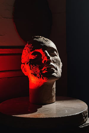 Bloody realistic Severed human head, eyes closed, resting on a stone pedestal, BREAK darkened room, candlelight, worn and aged stone walls, cobwebs in corners, BREAK Eerie, unsettling, BREAK Digitally rendered, hyperrealistic style, BREAK Flickering candlelight, casting long shadows, gothic atmosphere, lens flare from candle, BREAK Macro perspective, gritty detail, 16K resolution