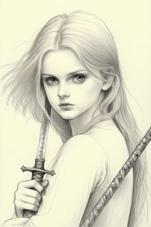 Pencil Draw, young girl hold a sword