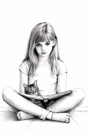 "An adolescent girl, thoughtful gaze, sitting cross-legged on her bedroom floor, BREAK Surrounded by scattered sketchbooks, a kaleidoscope of colored pencils strewn about, her loyal cat curled up nearby, BREAK Contemplative, cozy, BREAK Pencil drawing, realistically capturing textures and emotions, BREAK Warm, soft indoor lighting, casting gentle shadows, a close-up perspective with a shallow depth of field, BREAK Intricately detailed, high resolution."