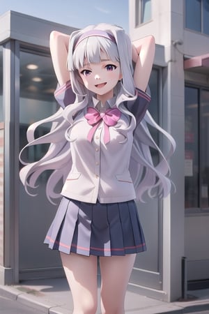 takane shijou, 1girl, outdoors, school, uniform , beautifull, happy, arms up, separate legs, 