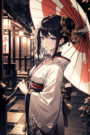A geisha, with hair in a bun, beautiful eyes with long eyelashes, extremely white, pale skin, wearing a red velvet kimono, an umbrella (parasol) of the culture Japanese, Japanese neighborhood old scenery background. Little indirect linear lighting.,kujousaradef