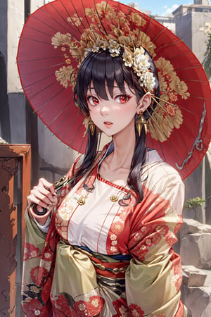 masterpiece, best quality, 1girl, wearing kimono, ((hand holding umbrella)), BBYORF, hort hair with long locks, white hairband, red eyes, gold earrings, large breasts, jewelry