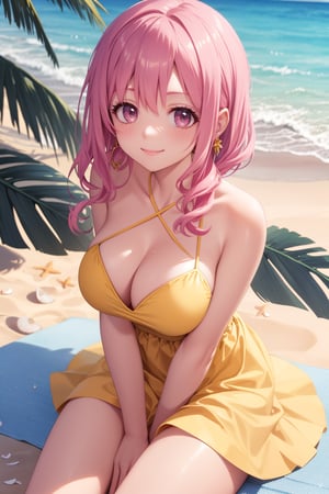 masterpiece, best quality, incredibly absurdress, highres, high detail eyes, high detail background, 1girl,yellow dress,sitting in a big pink shell,white sand beach, some shells on the beach,sunbeam, sunlight, looking at viewer, smile, ,kaede hozuki