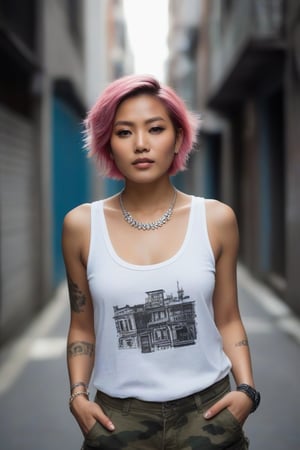 T-shirt embroided words "TENSOR ART"-great logo.

Imagine Ayu Kirei Mooi standing confidently amidst a labyrinthine urban environment, her vibrant pixie-cut hair and perfect, porcelain skin with a rosy glow contrasting with the gritty city alleyways. She wears a torn white t-shirt embroidered with TENSOR ART and camouflage cargo shorts, adorned with intricate tattoos and The Hope Diamond Jewelry around her neck. Her toned arms are visible, and she exudes urban sophistication.

Annie Leibovitz captures Ayu's essence using a Nikon D850 with an 85mm lens at f/1.4, showcasing her in various angles that blend seamlessly with the subject-centered photography. The dramatic lighting highlights her features, emphasizing her cultural fusion and individuality. The setting's detailed urban backdrop adds depth and realism to the photograph.

In this masterpiece, Ayu Kirei Mooi is immortalized as a symbol of contemporary beauty and cultural diversity, encapsulating her physical allure and the vibrant essence of urban life.,SD 3