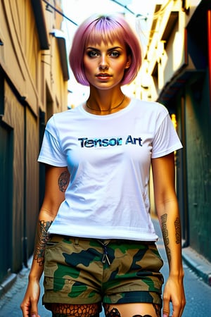 T-shirt embroided words "TENSOR ART"-great logo.
Ayu Kirei Mooi poses amidst a gritty alleyway, a fusion of urban sophistication and cultural diversity. Her vibrant pixie-cut hairstyle and porcelain skin with rosy glow contrast against the industrial backdrop, lit by dramatic lighting that highlights her features. A torn white t-shirt, camouflage cargo shorts, and intricate tattoos accentuate her toned arms. The Hope Diamond Jewelry shines around her neck.

In this photorealistic masterpiece, Annie Leibovitz captures Ayu's essence using a Nikon D850 with an 85mm lens at f/1.4, showcasing her in various angles that blend seamlessly with the subject-centered photography.